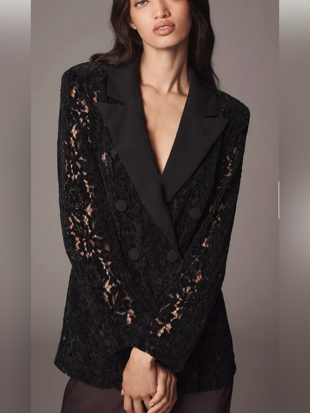 Avec Les Filles Black Lace Double-Breasted Blazer Jacket. Size Small